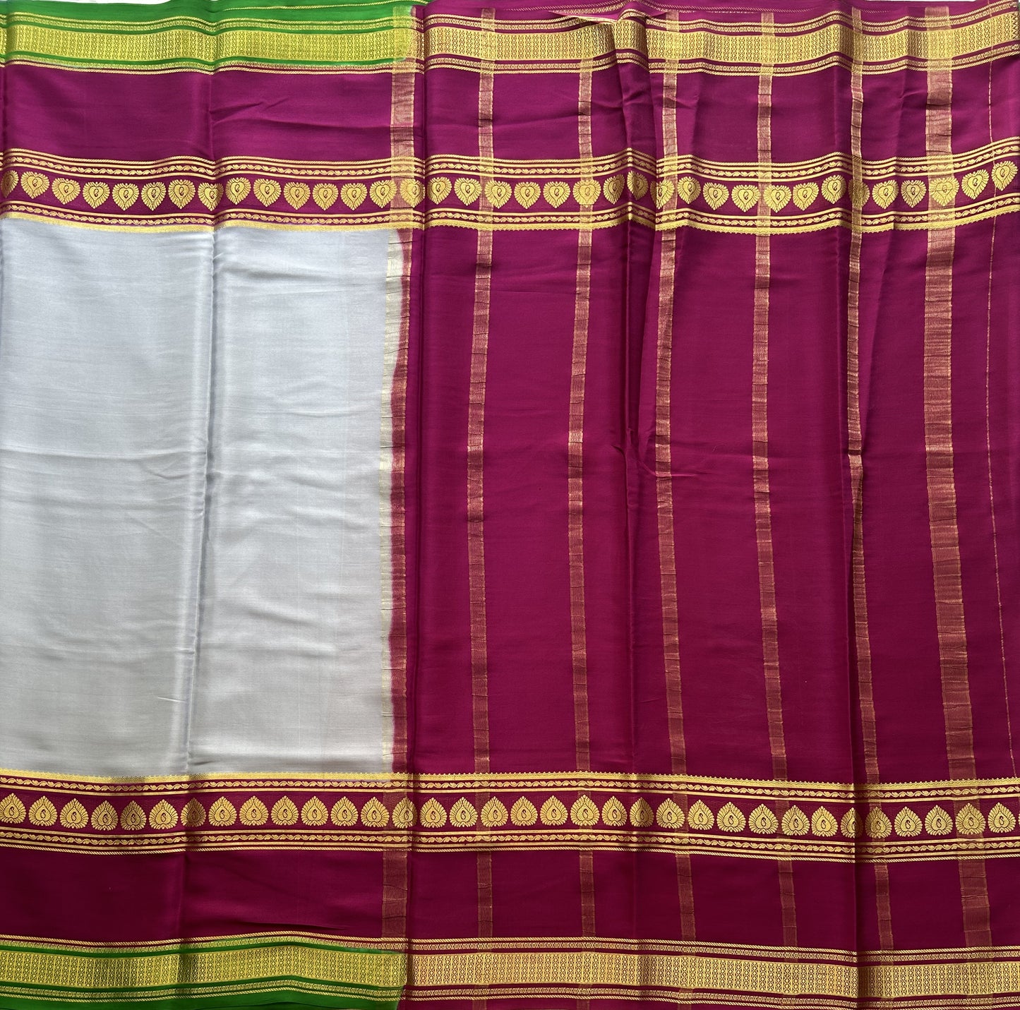 Gray Mysore Crepe Silk Saree with Silver Zari Border | Pure Handloom | Silk Mark Certified