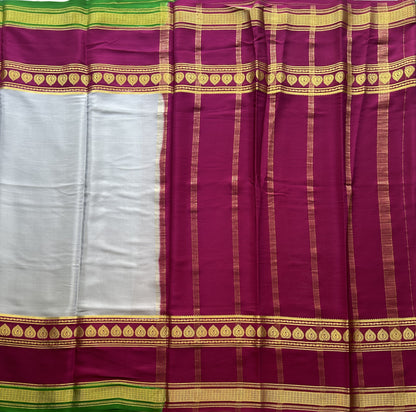 Gray Mysore Crepe Silk Saree with Silver Zari Border | Pure Handloom | Silk Mark Certified