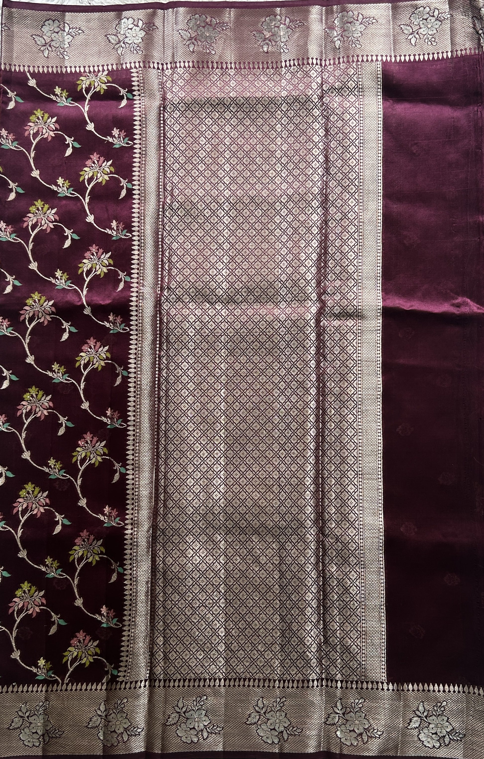 Chiniya Silk Saree Burgundy Colored Pared With Silver Zari Border - Sampradaya Designer Studio