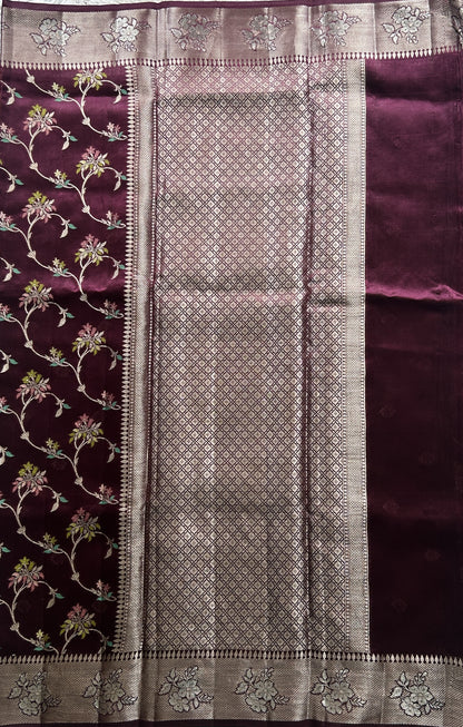 Chiniya Silk Saree Burgundy Colored Pared With Silver Zari Border - Sampradaya Designer Studio