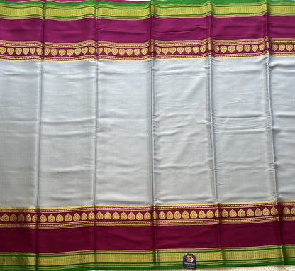 Gray Mysore Crepe Silk Saree with Silver Zari Border | Pure Handloom | Silk Mark Certified