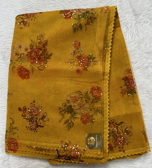 Tissue Organza Designer Saree Mustard Yellow colored Saree complemented with a borderless Saree. - Sampradaya Designer Studio