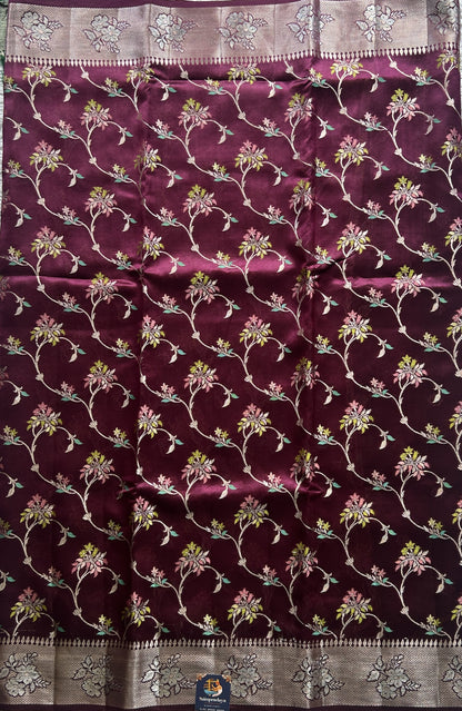 Chiniya Silk Saree Burgundy Colored Pared With Silver Zari Border - Sampradaya Designer Studio