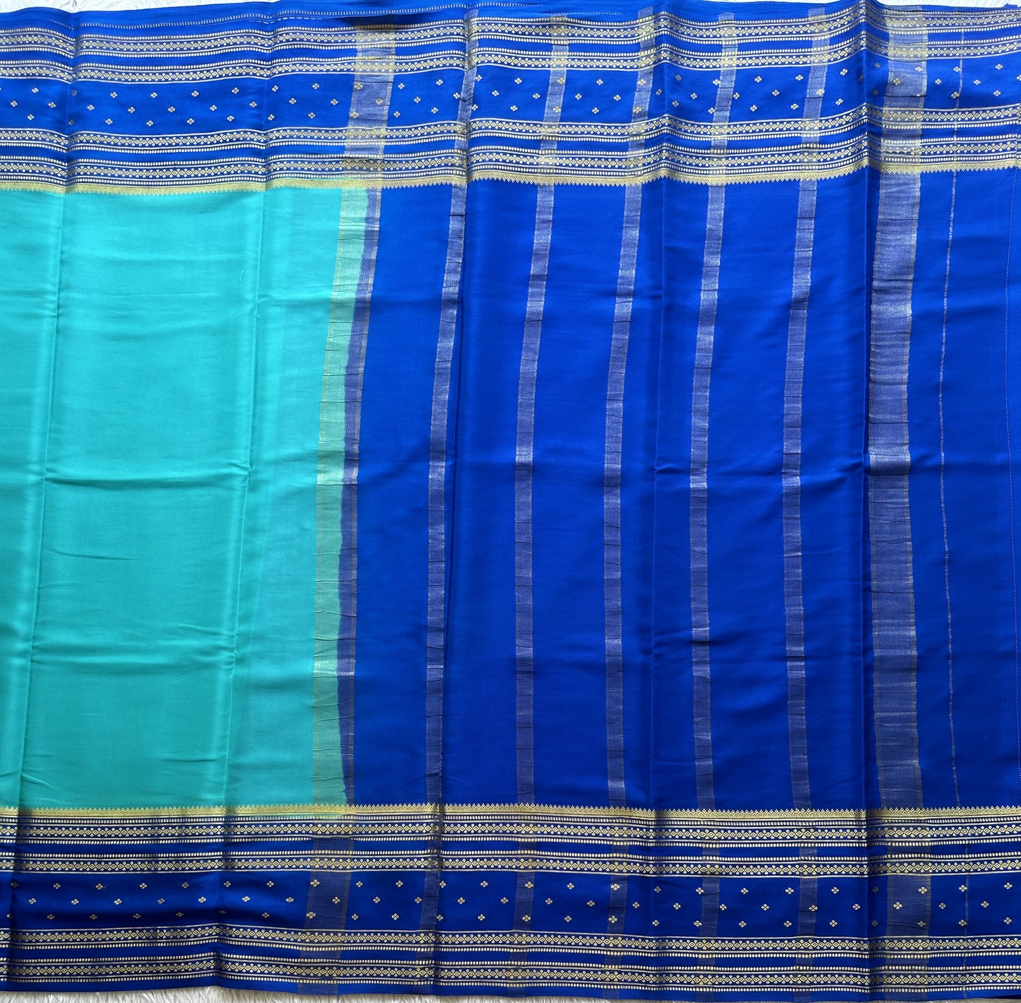 Blue Mysore Crepe Silk Saree with Silver Zari Border | Pure Handloom | Silk Mark Certified - Sampradaya Designer Studio