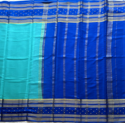Blue Mysore Crepe Silk Saree with Silver Zari Border | Pure Handloom | Silk Mark Certified - Sampradaya Designer Studio