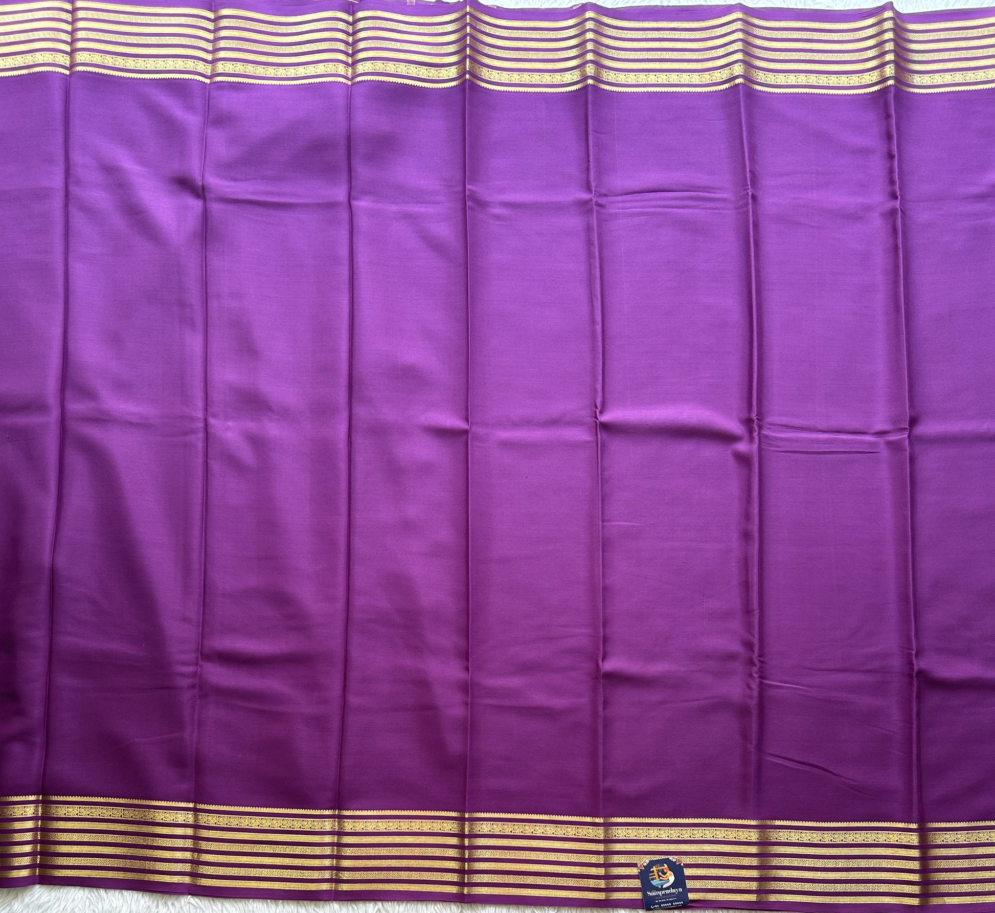 Purple Mysore Crepe Silk Saree with Silver Zari Border | Pure Handloom | Silk Mark Certified - Sampradaya Designer Studio