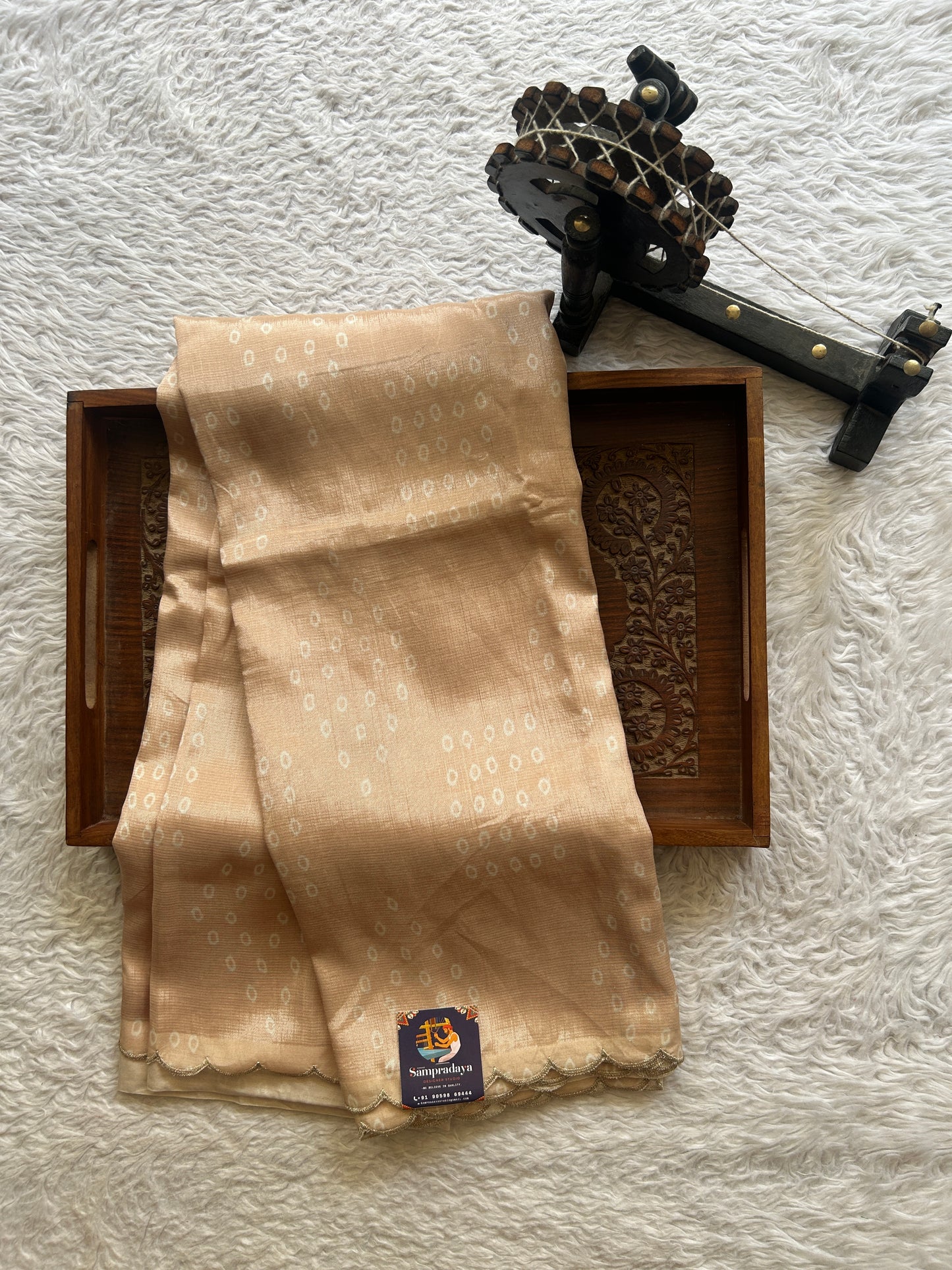 Mangalagiri Pattu Saree Light Beige Colored Complemented with a Scallop Border - Sampradaya Designer Studio