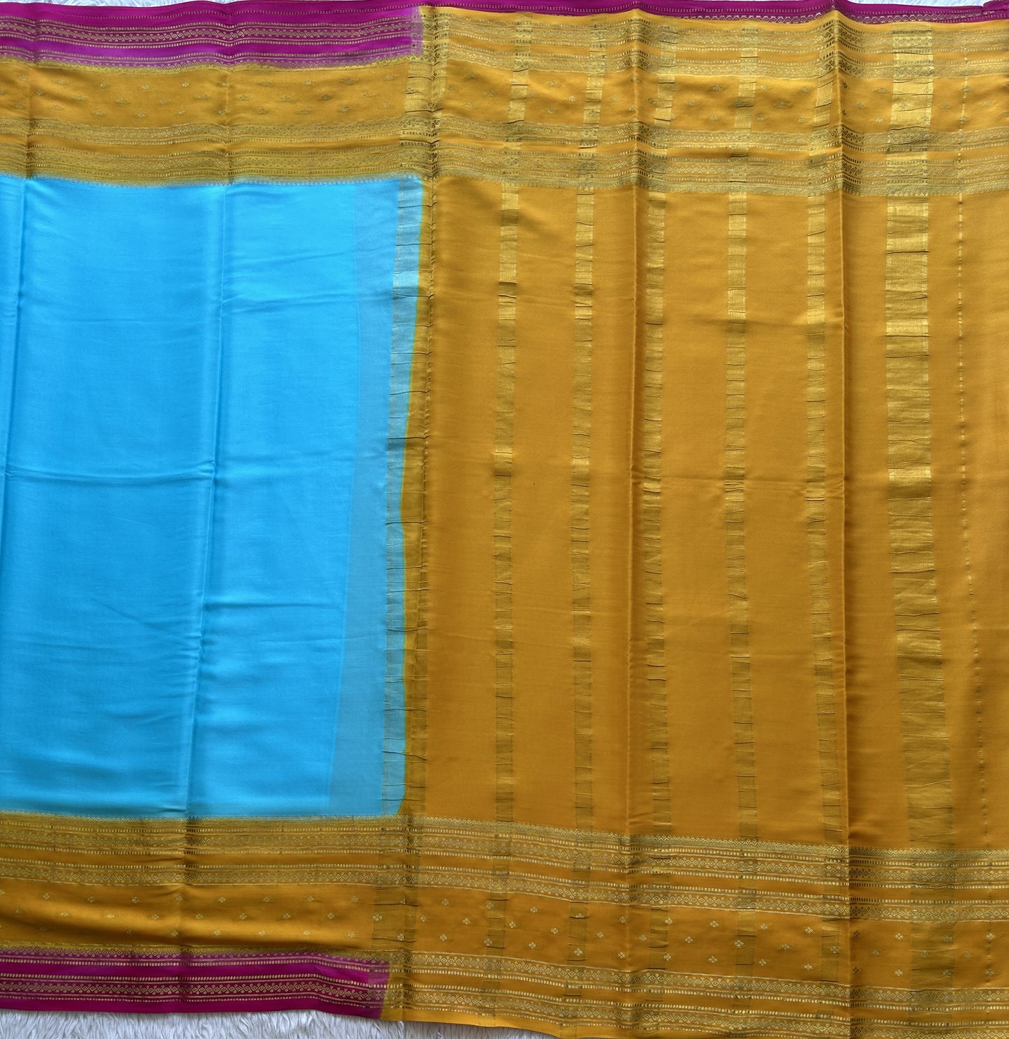 Sky Blue Mysore Crepe Silk Saree with Silver Zari Border | Pure Handloom | Silk Mark Certified - Sampradaya Designer Studio