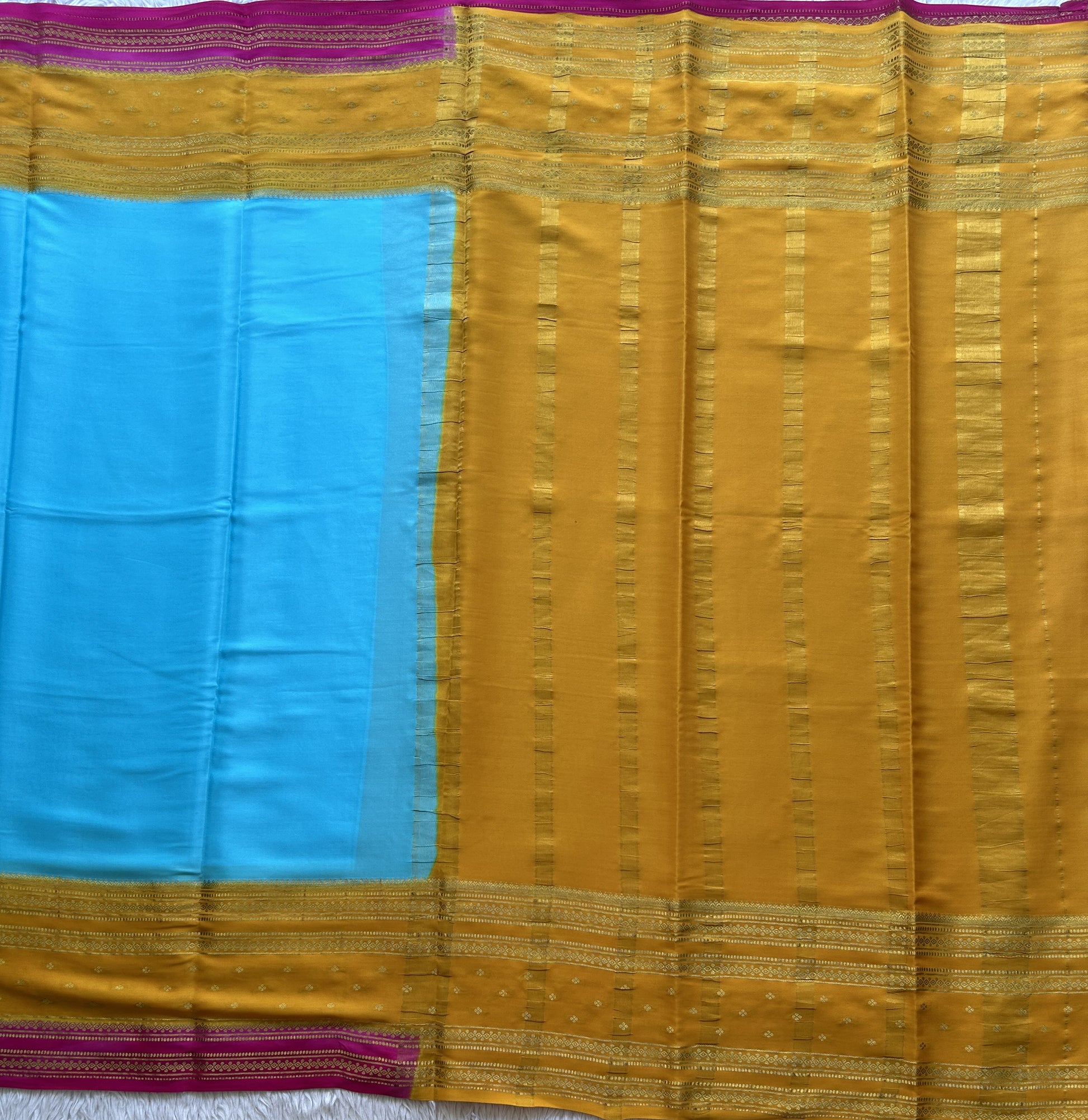 Sky Blue Mysore Crepe Silk Saree with Silver Zari Border | Pure Handloom | Silk Mark Certified - Sampradaya Designer Studio