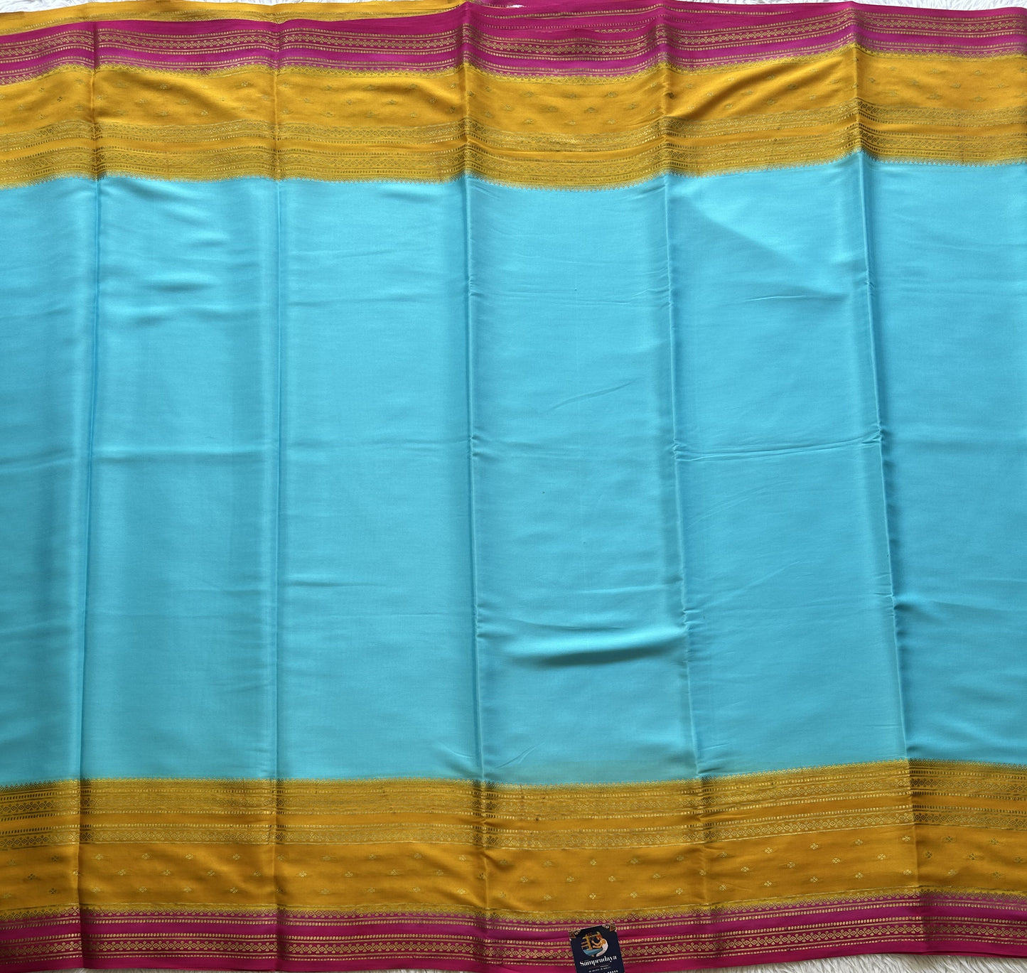 Sky Blue Mysore Crepe Silk Saree with Silver Zari Border | Pure Handloom | Silk Mark Certified - Sampradaya Designer Studio