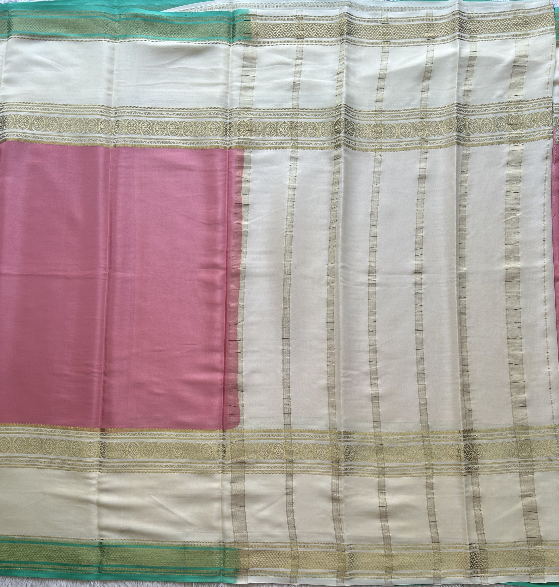 Onion Pink Mysore Crepe Silk Saree with Silver Zari Border | Pure Handloom | Silk Mark Certified - Sampradaya Designer Studio