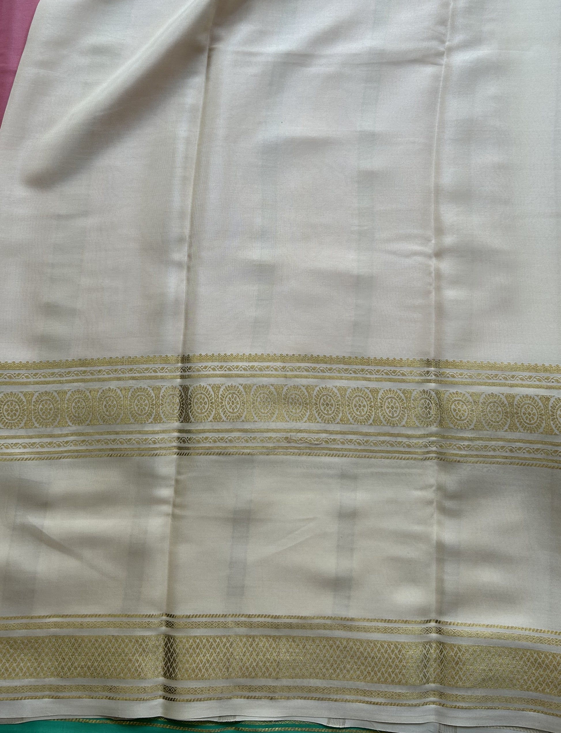 Onion Pink Mysore Crepe Silk Saree with Silver Zari Border | Pure Handloom | Silk Mark Certified - Sampradaya Designer Studio