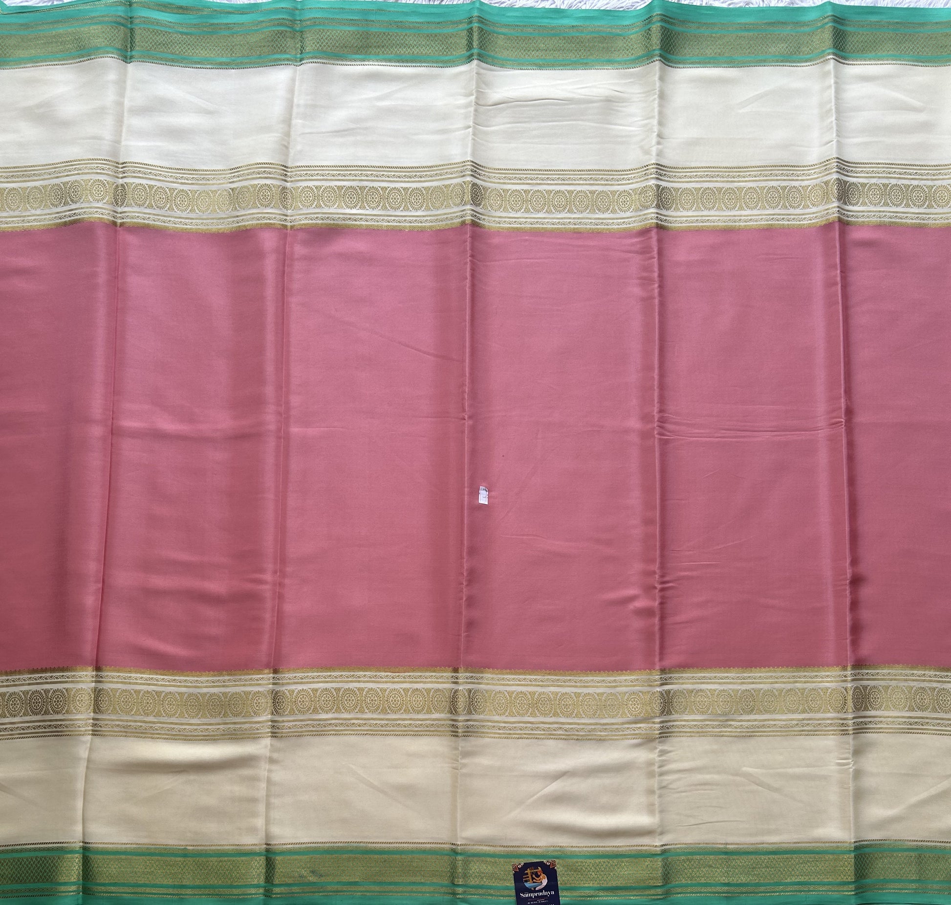Onion Pink Mysore Crepe Silk Saree with Silver Zari Border | Pure Handloom | Silk Mark Certified - Sampradaya Designer Studio