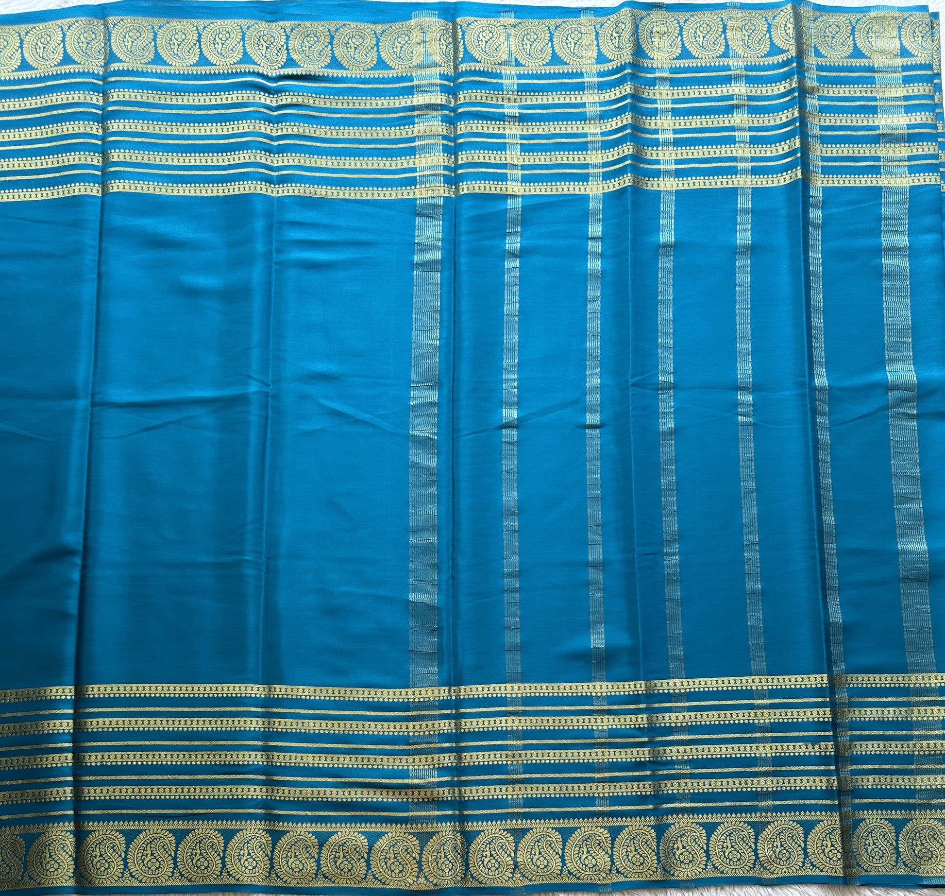 Peacock Blue Mysore Crepe Silk Saree with Silver Zari Border | Pure Handloom | Silk Mark Certified - Sampradaya Designer Studio