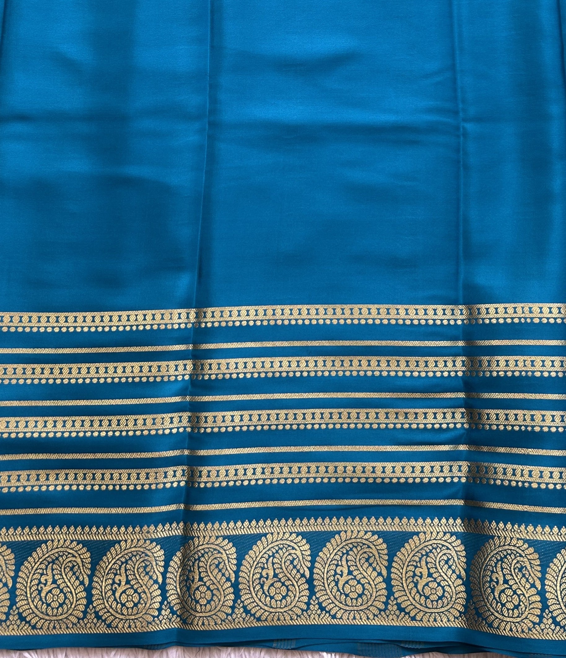 Peacock Blue Mysore Crepe Silk Saree with Silver Zari Border | Pure Handloom | Silk Mark Certified - Sampradaya Designer Studio