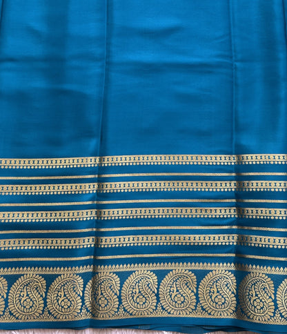 Peacock Blue Mysore Crepe Silk Saree with Silver Zari Border | Pure Handloom | Silk Mark Certified - Sampradaya Designer Studio