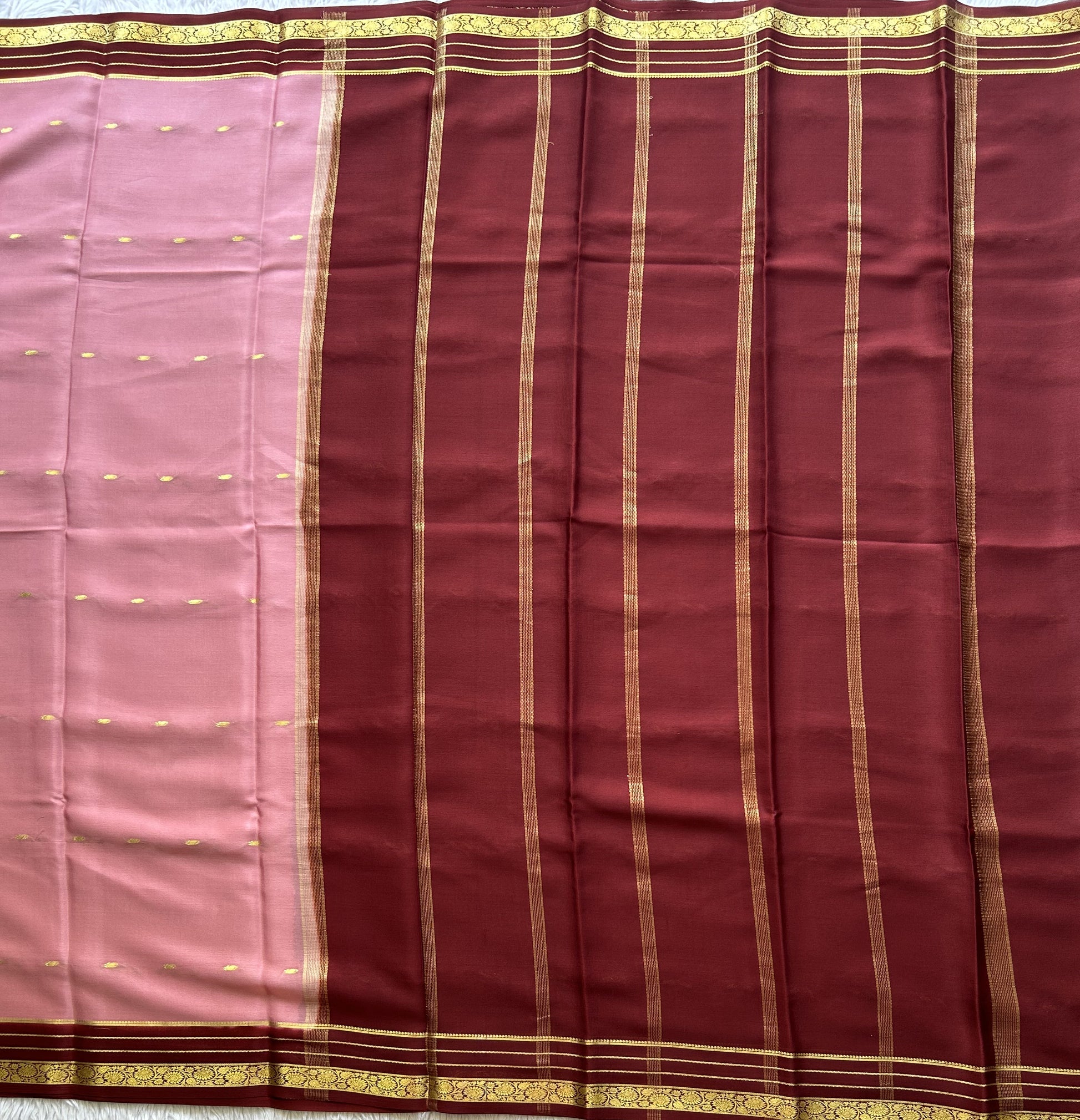 Onion Pink Mysore Crepe Silk Saree with Silver Zari Border | Pure Handloom | Silk Mark Certified - Sampradaya Designer Studio