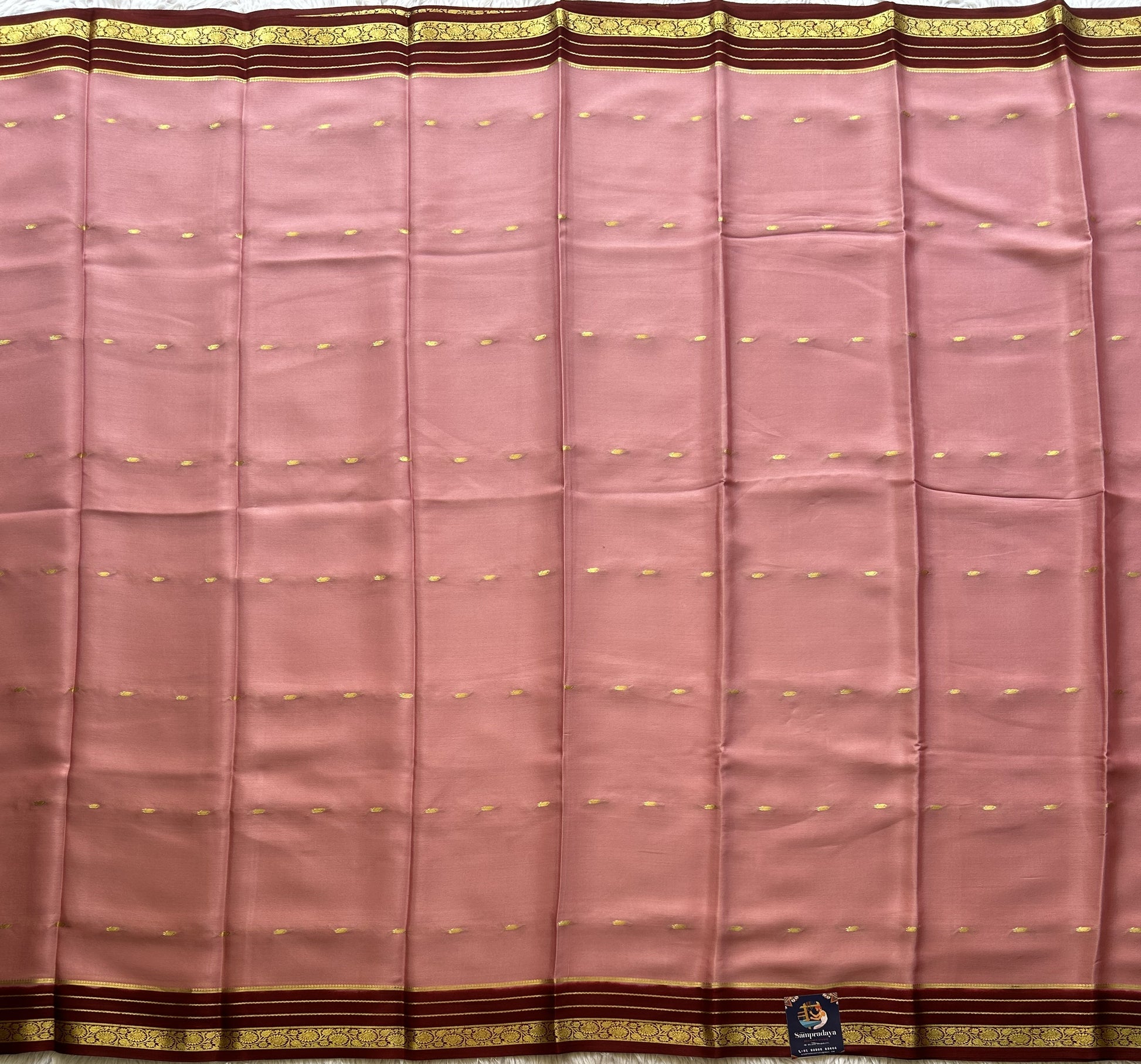 Onion Pink Mysore Crepe Silk Saree with Silver Zari Border | Pure Handloom | Silk Mark Certified - Sampradaya Designer Studio