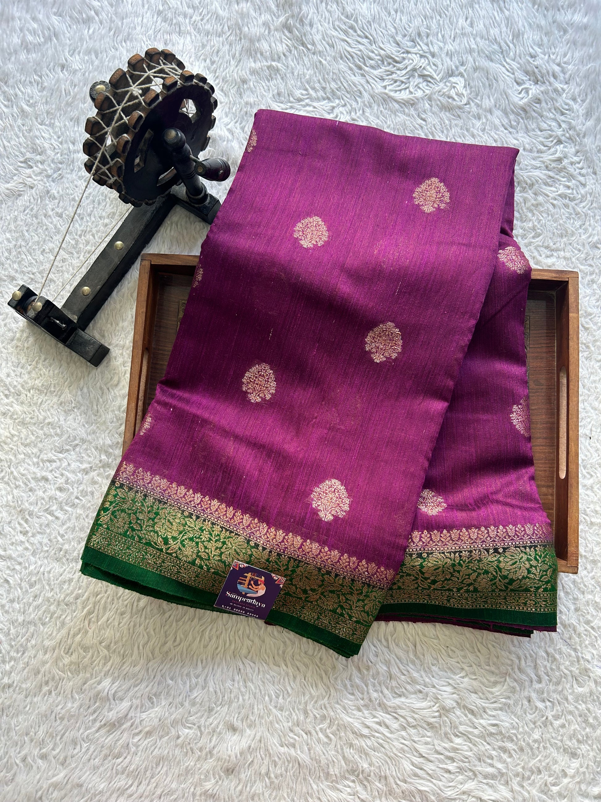 Purple Banarasi Raw Silk Saree with Gold Zari Border — Pure Handloom | Silk Mark Certified - Sampradaya Designer Studio