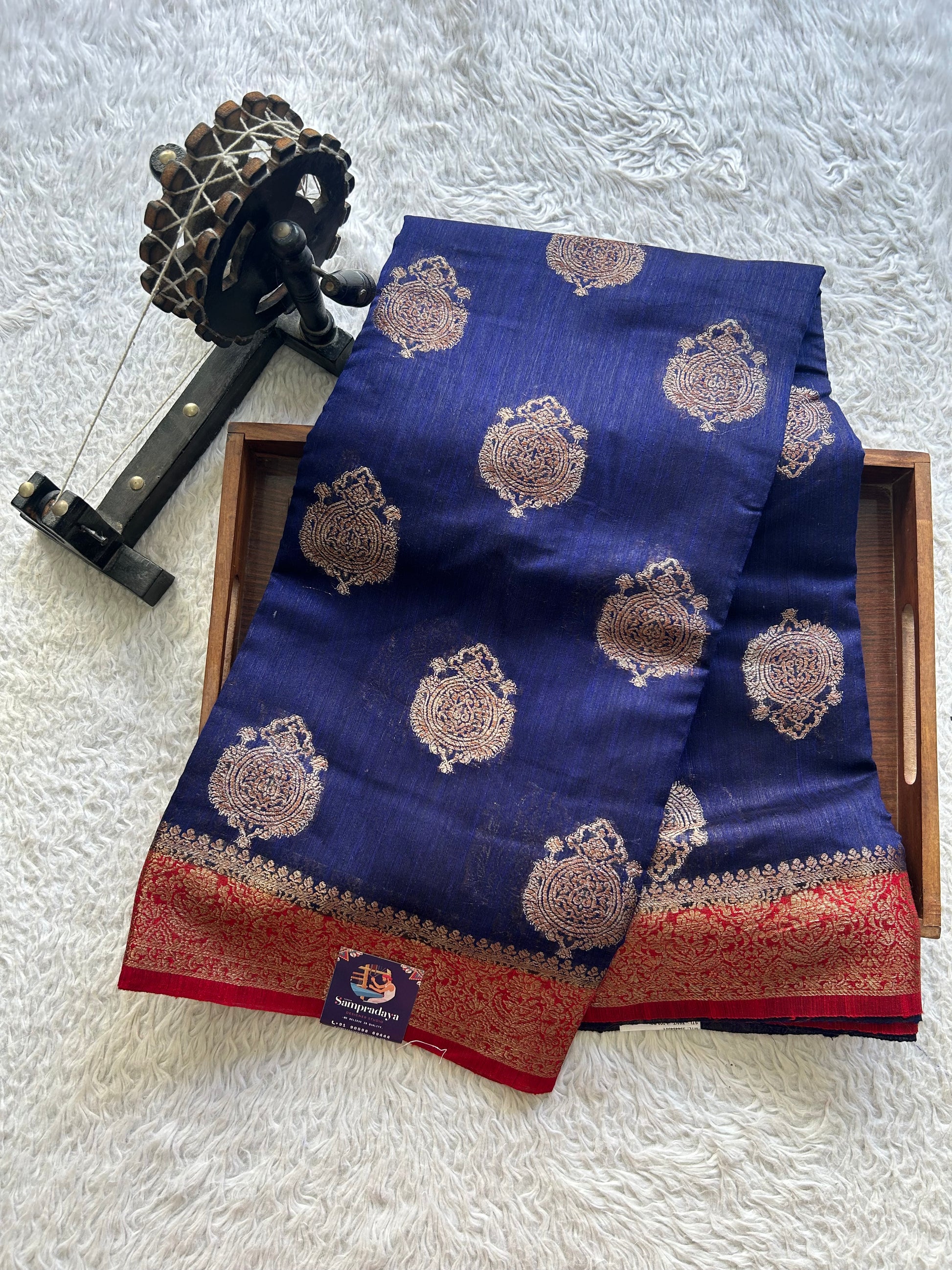 Carbon Blue Banarasi Raw Silk Saree with Gold Zari Border — Pure Handloom | Silk Mark Certified - Sampradaya Designer Studio