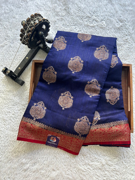 Carbon Blue Banarasi Raw Silk Saree with Gold Zari Border — Pure Handloom | Silk Mark Certified
