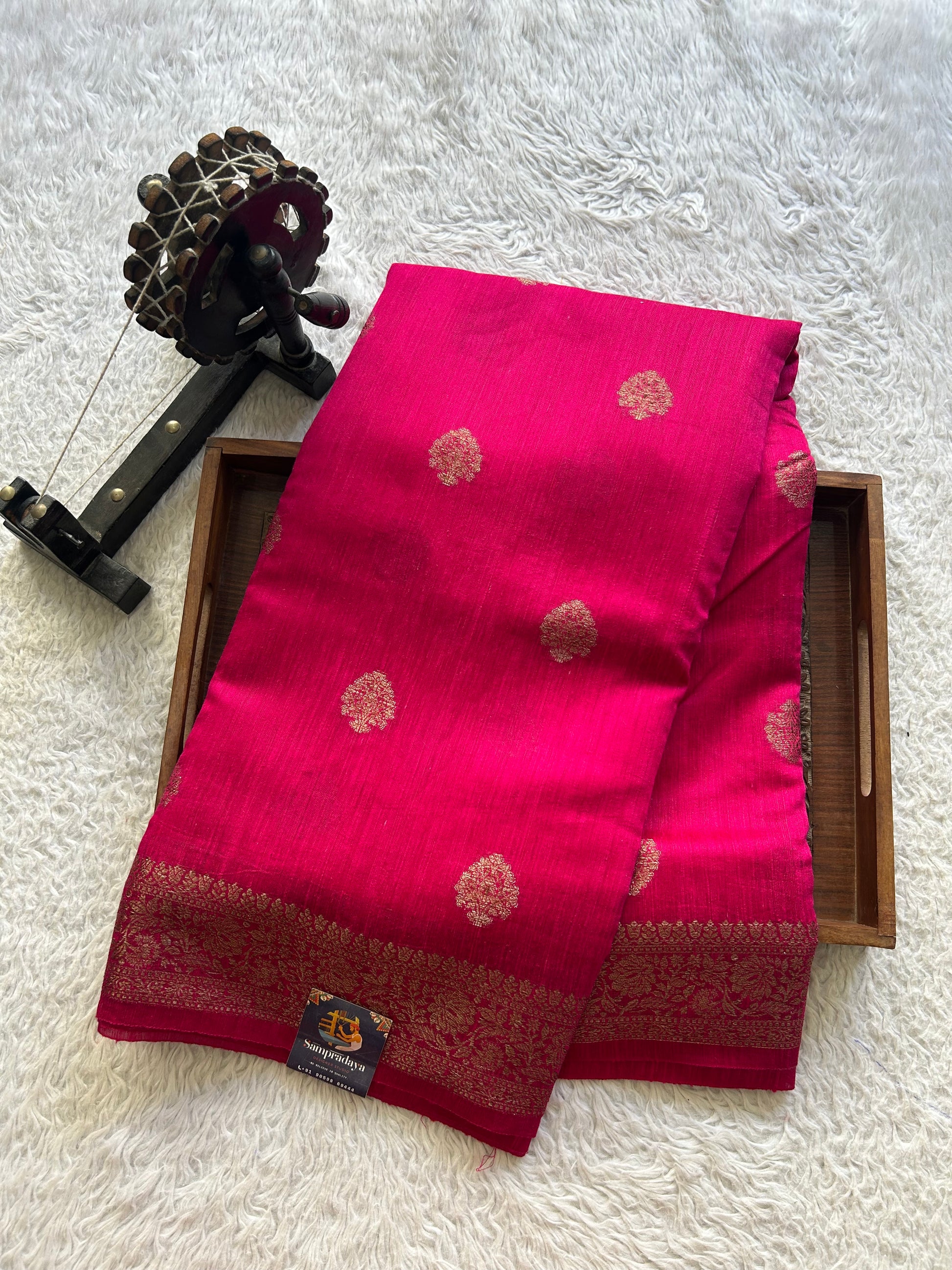 Pink Banarasi Raw Silk Saree with Gold Zari Border — Pure Handloom | Silk Mark Certified - Sampradaya Designer Studio
