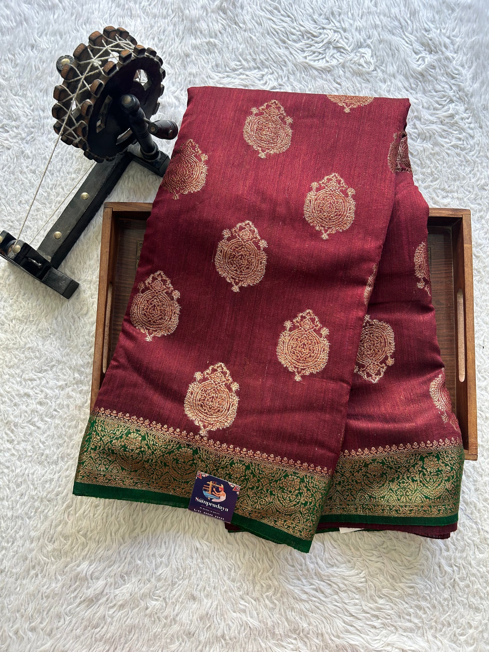 Brown Banarasi Raw Silk Saree with Gold Zari Border — Pure Handloom | Silk Mark Certified - Sampradaya Designer Studio