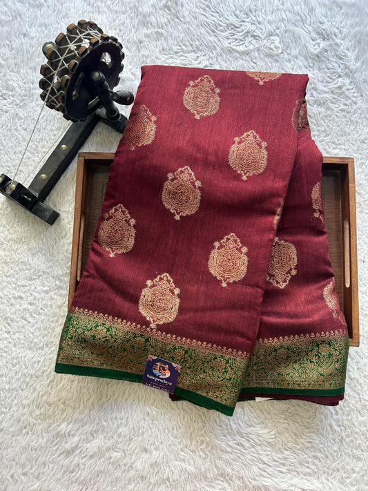 Brown Banarasi Raw Silk Saree with Gold Zari Border — Pure Handloom | Silk Mark Certified