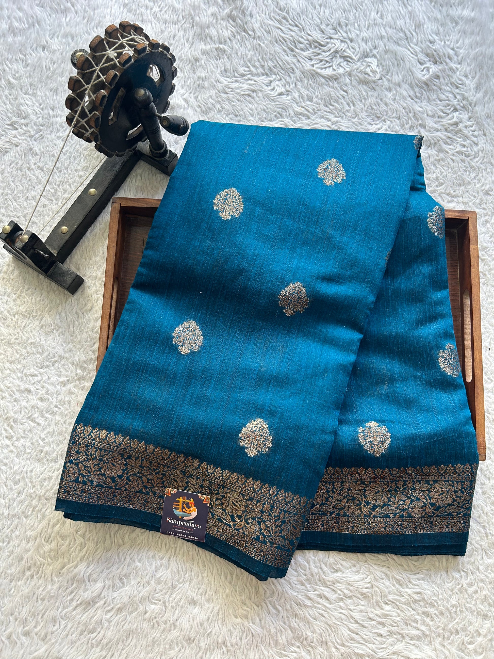 Peacock Blue Banarasi Raw Silk Saree with Gold Zari Border — Pure Handloom | Silk Mark Certified - Sampradaya Designer Studio