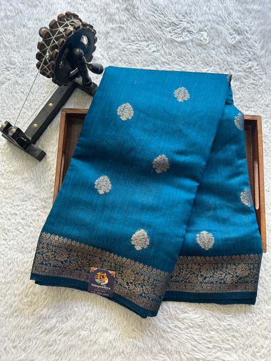 Peacock Blue Banarasi Raw Silk Saree with Gold Zari Border — Pure Handloom | Silk Mark Certified