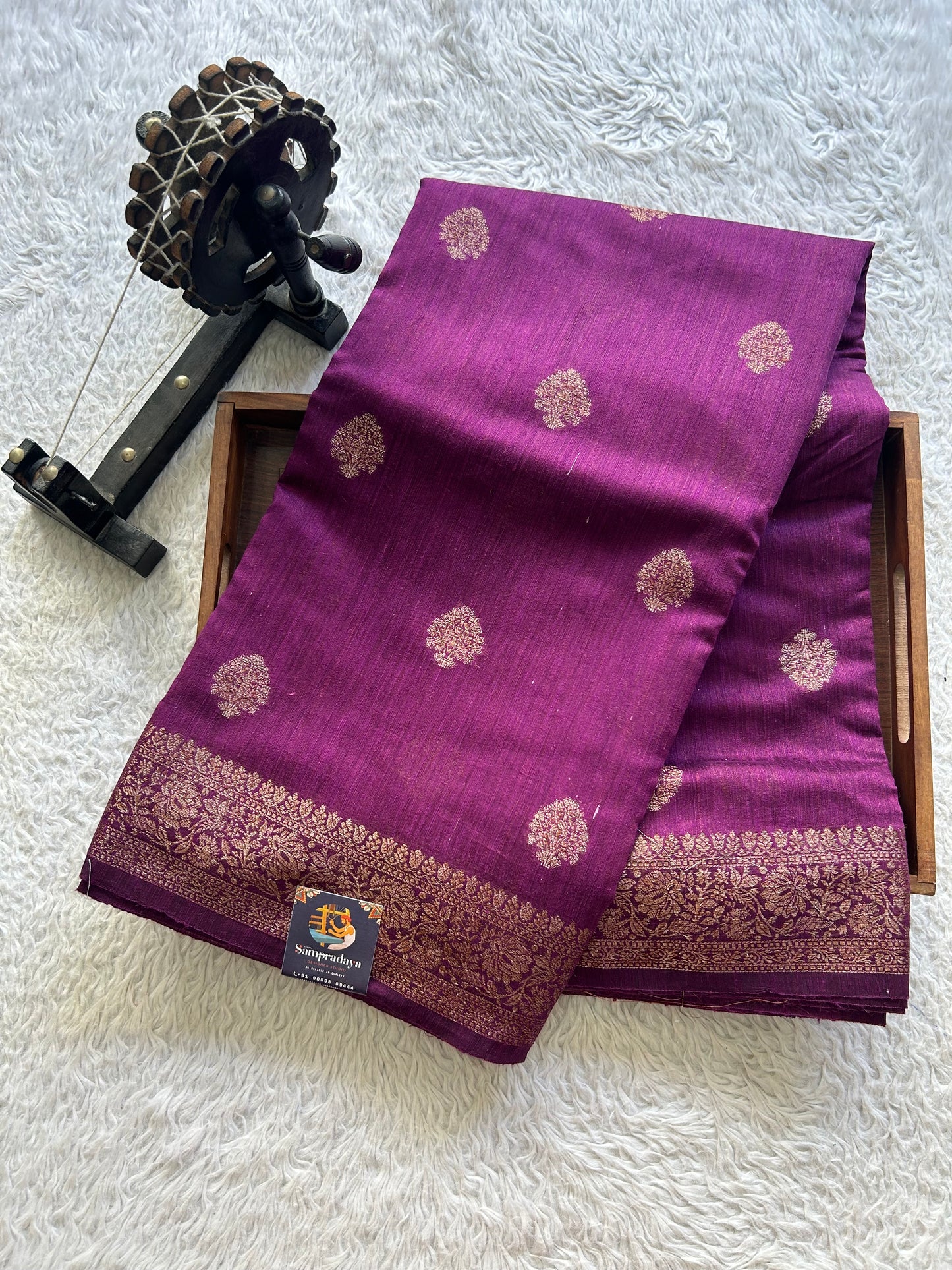 Purple Banarasi Raw Silk Saree with Gold Zari Border — Pure Handloom | Silk Mark Certified