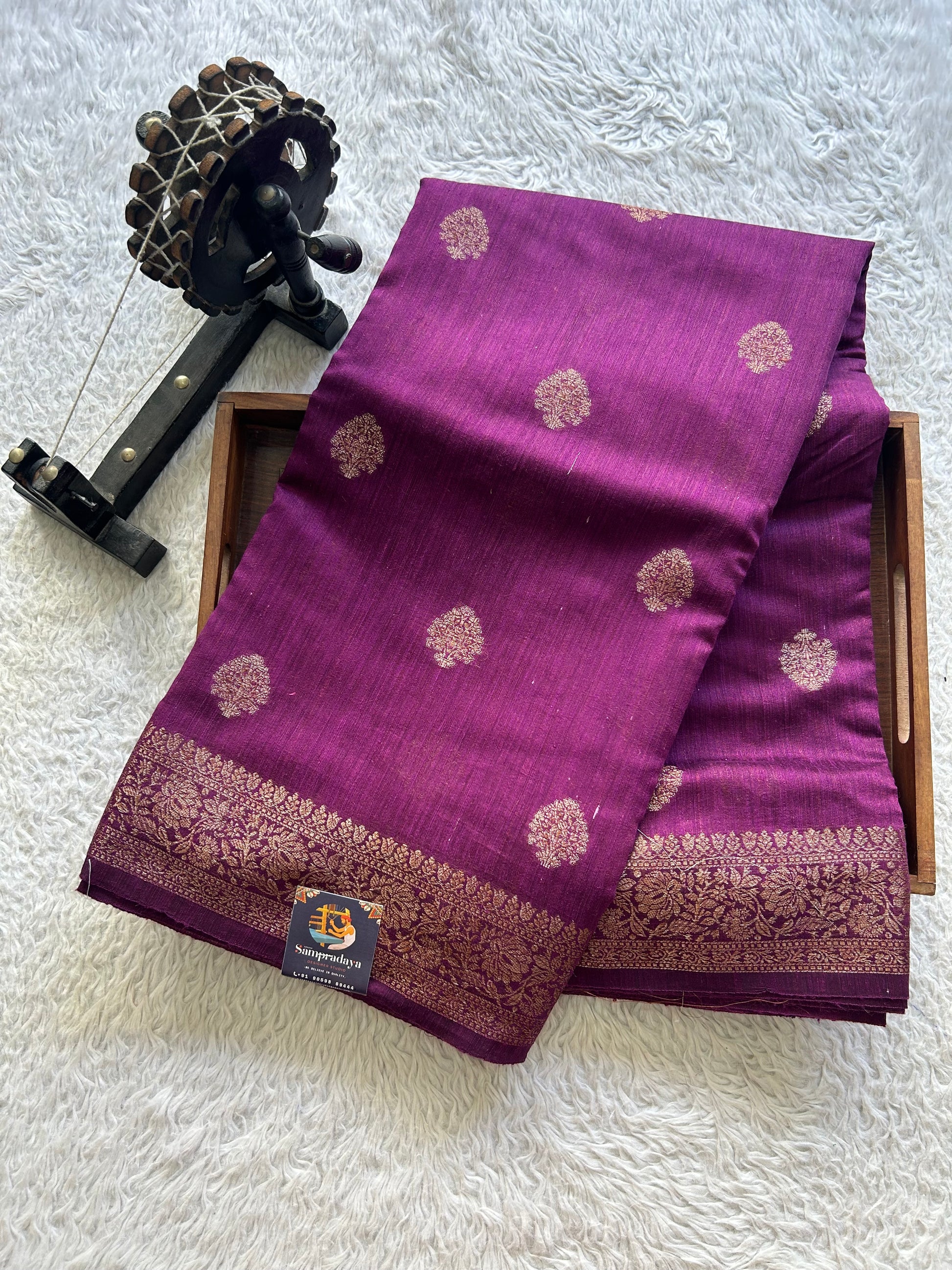 Purple Banarasi Raw Silk Saree with Gold Zari Border — Pure Handloom | Silk Mark Certified - Sampradaya Designer Studio