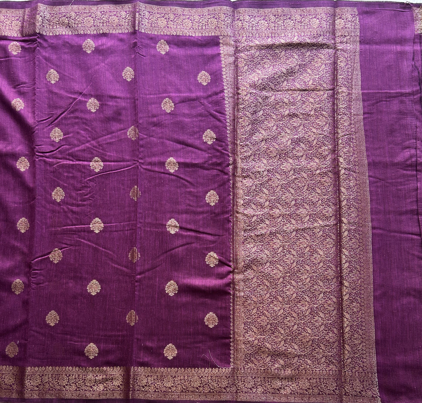Purple Banarasi Raw Silk Saree with Gold Zari Border — Pure Handloom | Silk Mark Certified