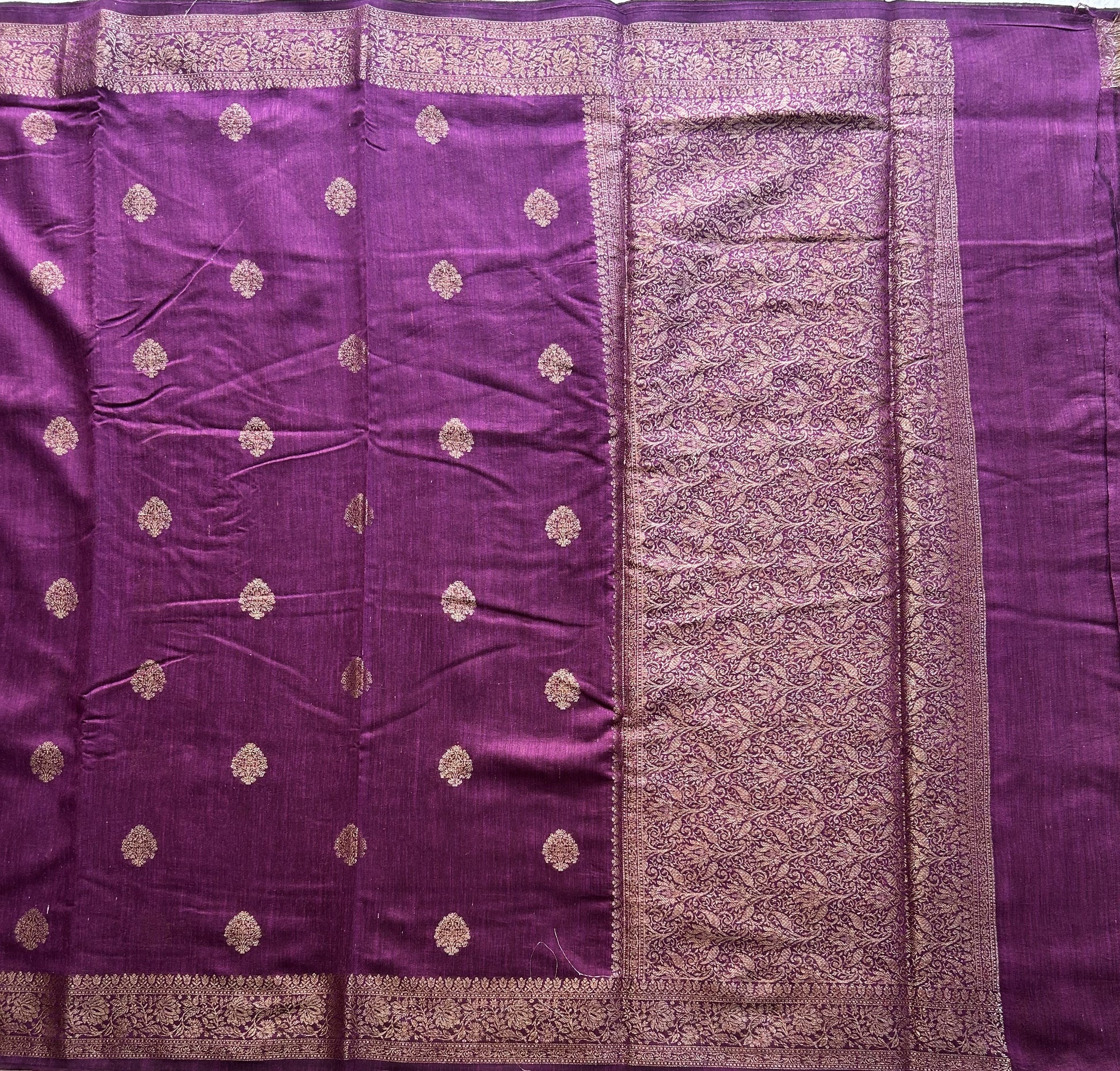 Purple Banarasi Raw Silk Saree with Gold Zari Border — Pure Handloom | Silk Mark Certified - Sampradaya Designer Studio
