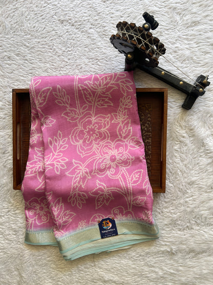 Mangalagiri Pattu Digital Print Saree Pink colored complemented with a Sky Blue with Zari Border - Sampradaya Designer Studio