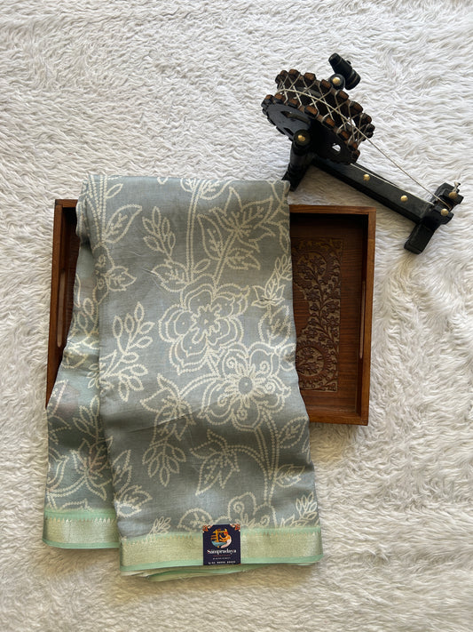 Mangalagiri Pattu Digital Print Saree Gray colored complemented with a Sea Green Colored Zari Border - Sampradaya Designer Studio
