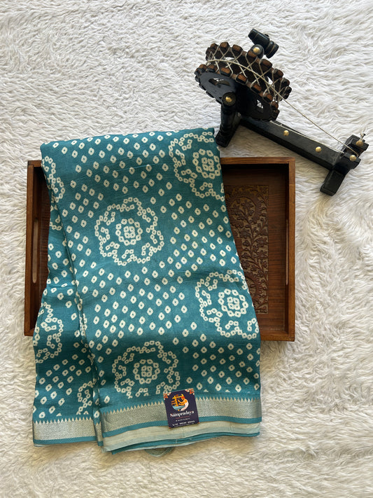 Mangalagiri Pattu Digital Print Saree Teal Blue colored complemented with a Zari Border - Sampradaya Designer Studio