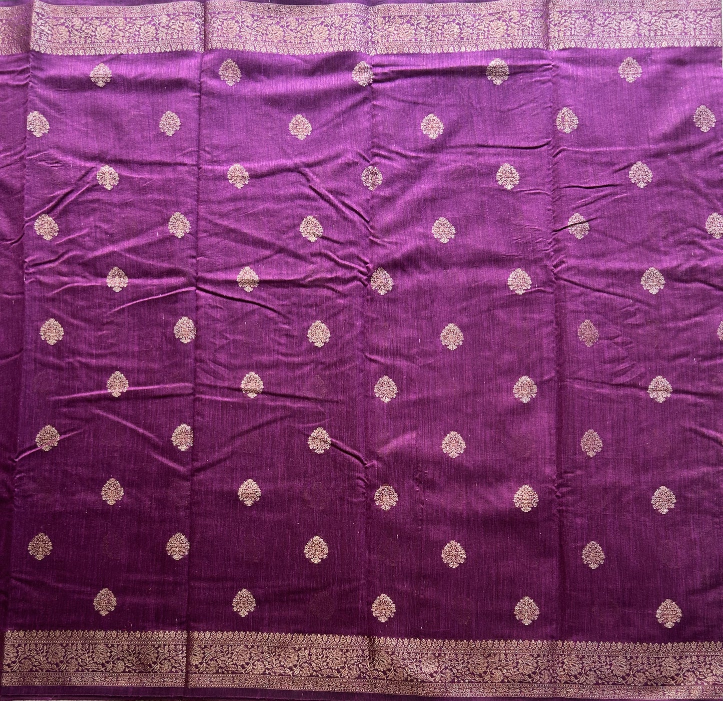 Purple Banarasi Raw Silk Saree with Gold Zari Border — Pure Handloom | Silk Mark Certified