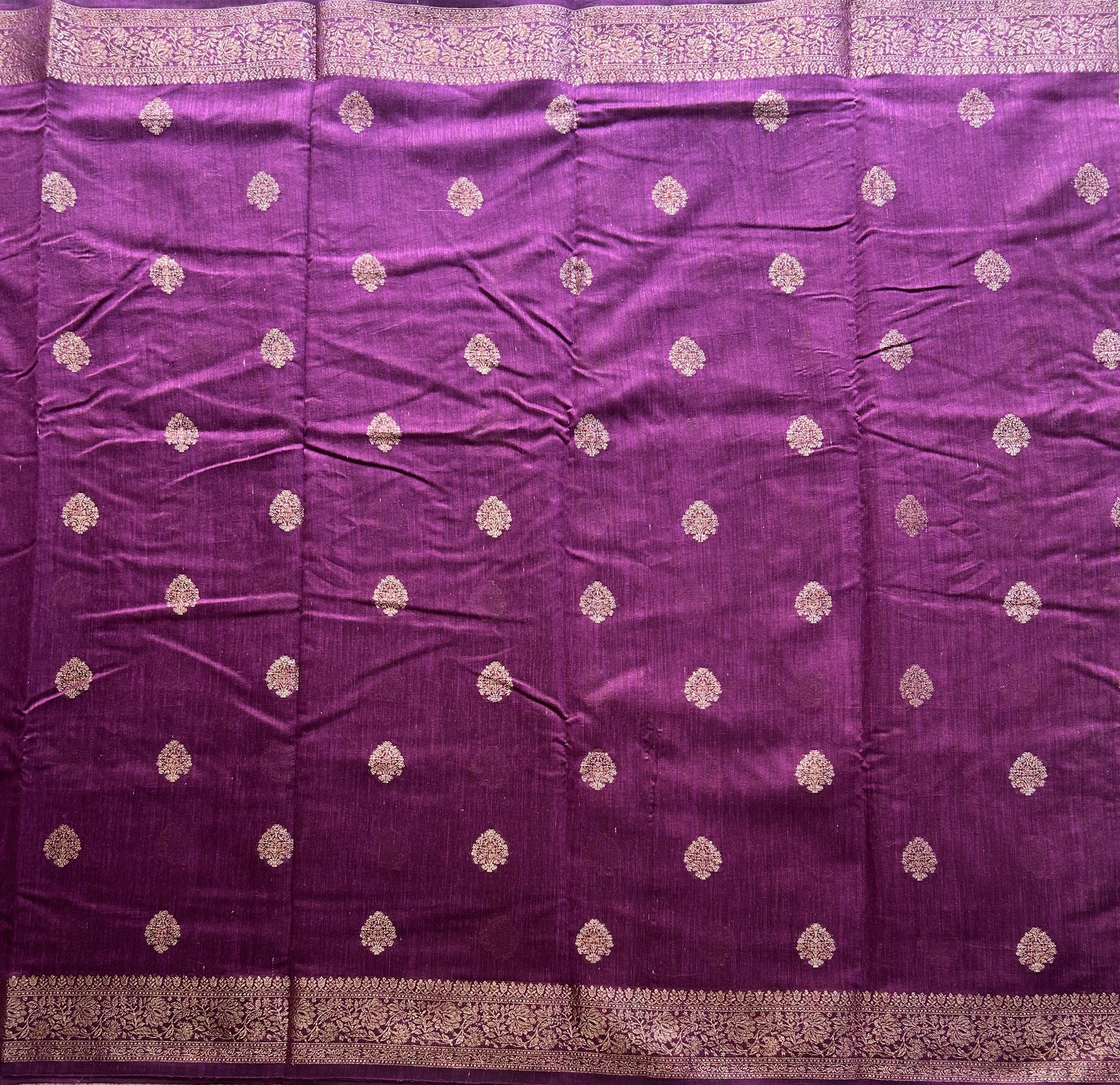 Purple Banarasi Raw Silk Saree with Gold Zari Border — Pure Handloom | Silk Mark Certified - Sampradaya Designer Studio