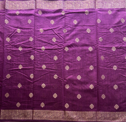 Purple Banarasi Raw Silk Saree with Gold Zari Border — Pure Handloom | Silk Mark Certified