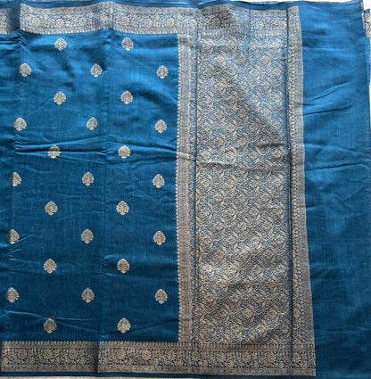 Peacock Blue Banarasi Raw Silk Saree with Gold Zari Border — Pure Handloom | Silk Mark Certified - Sampradaya Designer Studio