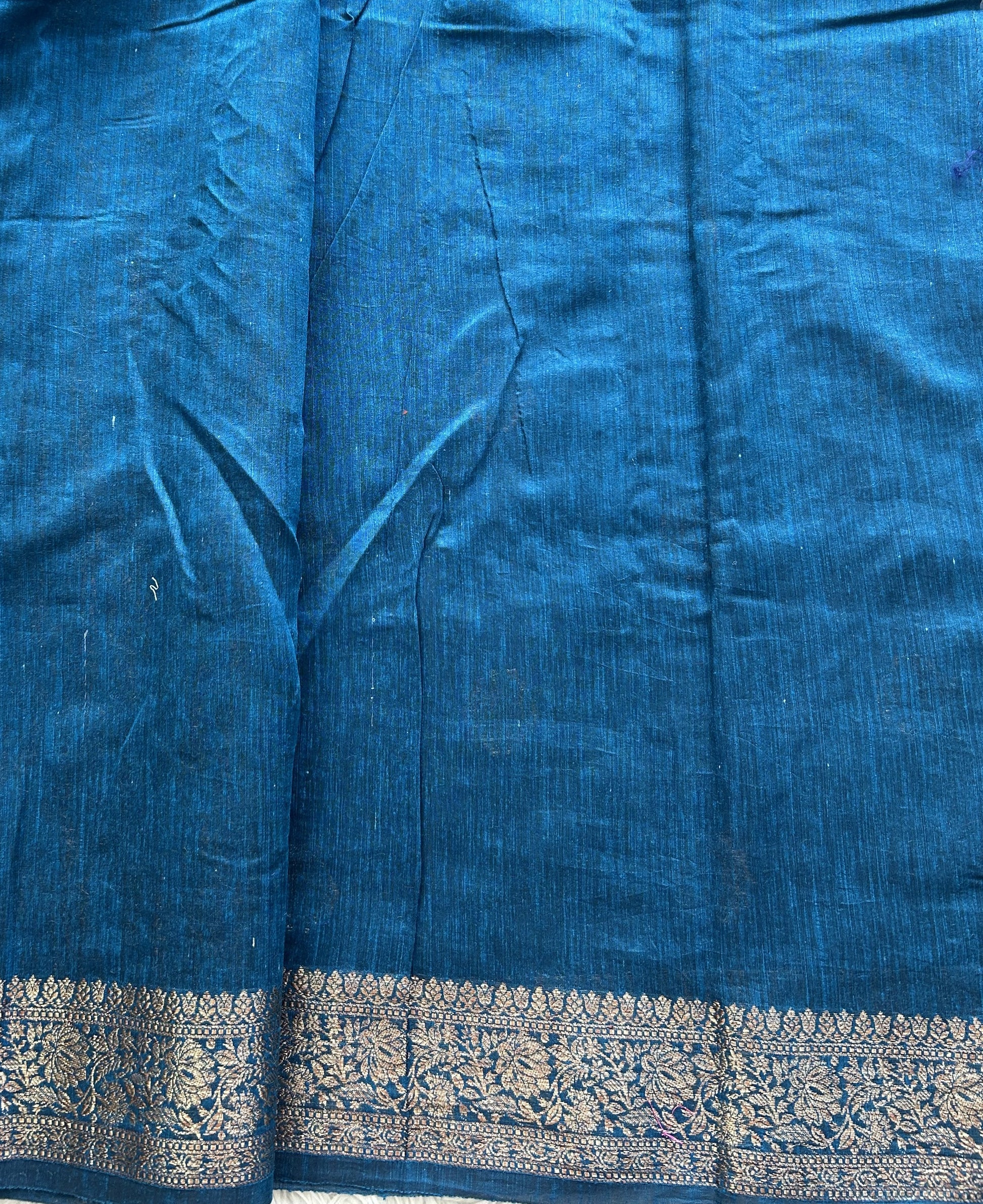 Peacock Blue Banarasi Raw Silk Saree with Gold Zari Border — Pure Handloom | Silk Mark Certified - Sampradaya Designer Studio