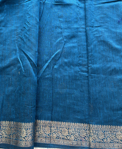 Peacock Blue Banarasi Raw Silk Saree with Gold Zari Border — Pure Handloom | Silk Mark Certified - Sampradaya Designer Studio