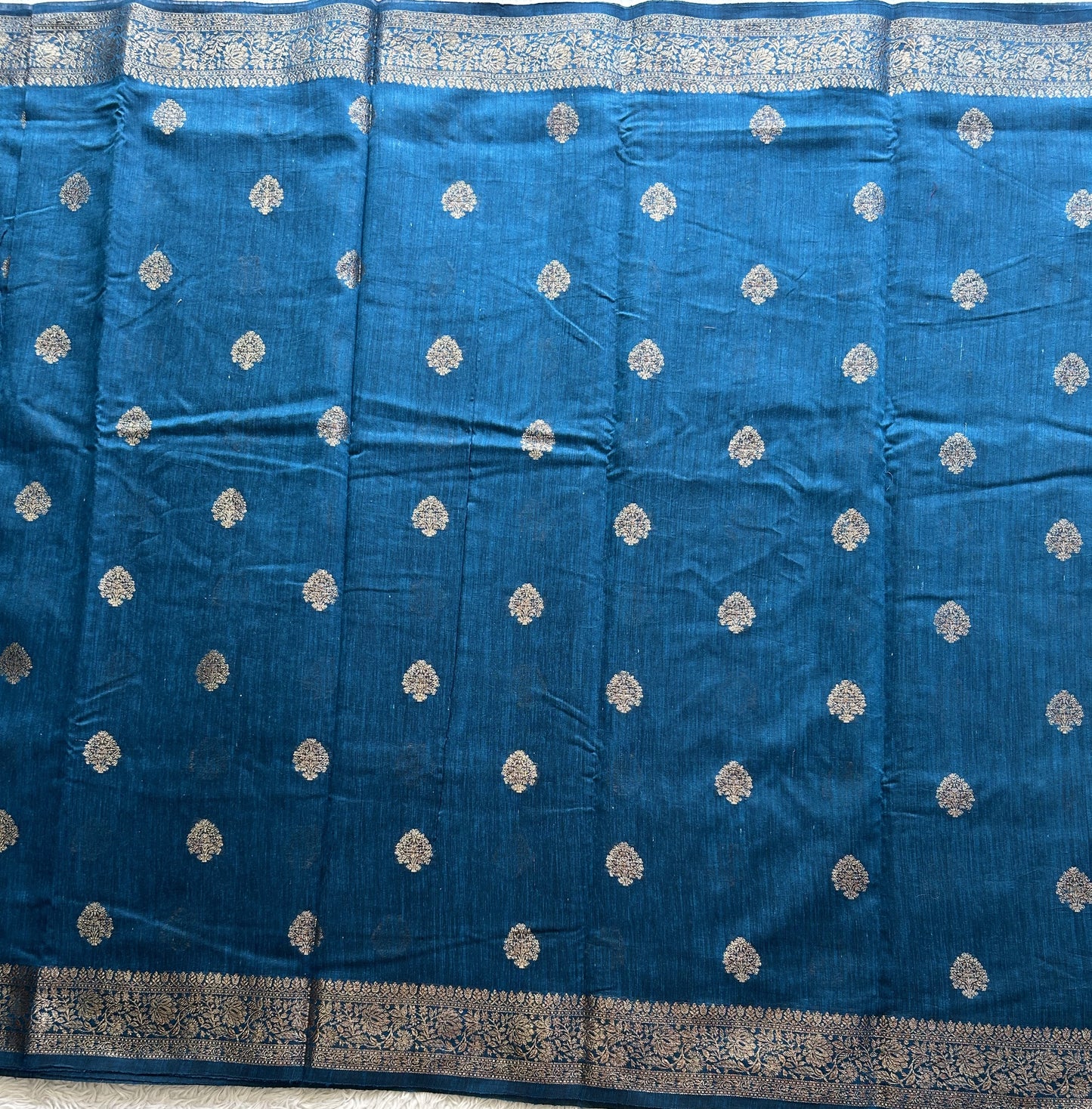 Peacock Blue Banarasi Raw Silk Saree with Gold Zari Border — Pure Handloom | Silk Mark Certified - Sampradaya Designer Studio