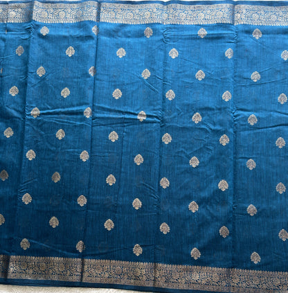 Peacock Blue Banarasi Raw Silk Saree with Gold Zari Border — Pure Handloom | Silk Mark Certified - Sampradaya Designer Studio