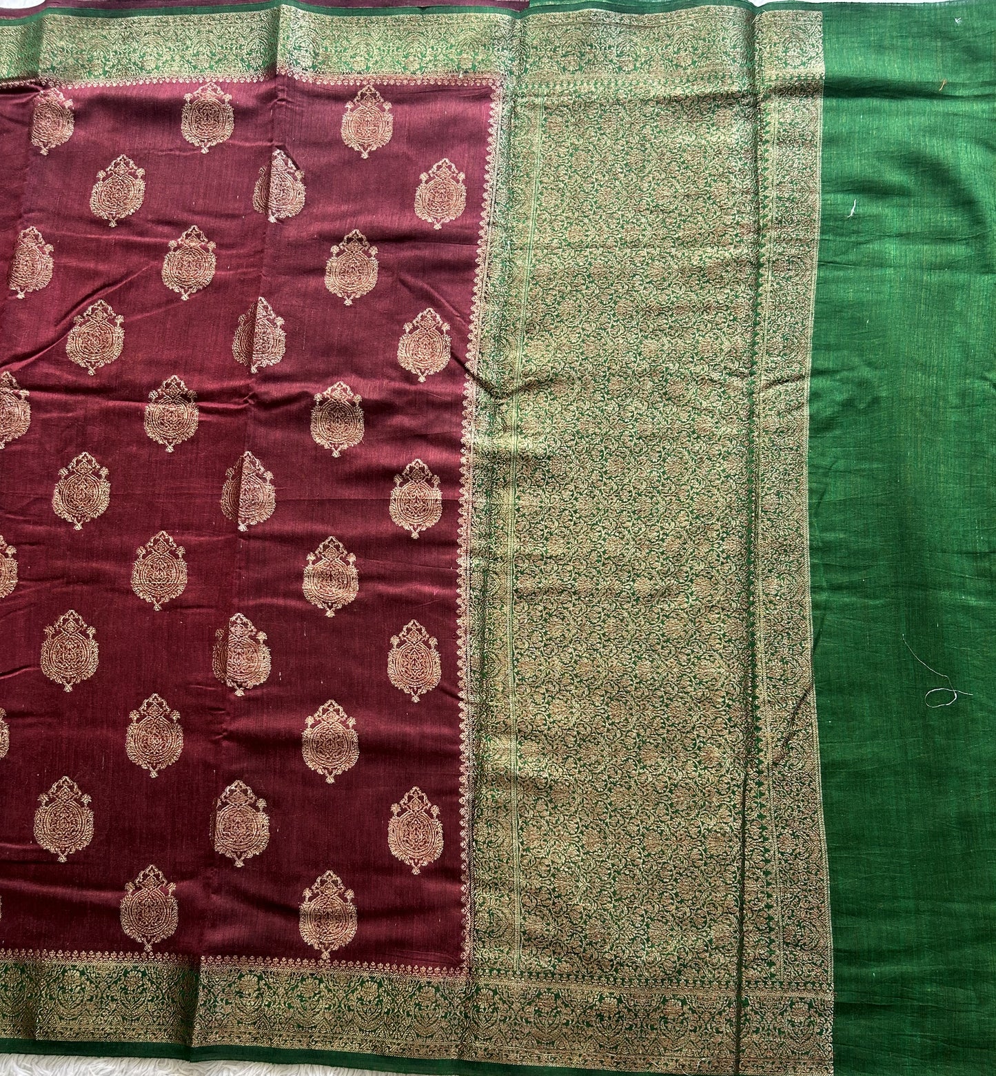 Brown Banarasi Raw Silk Saree with Gold Zari Border — Pure Handloom | Silk Mark Certified