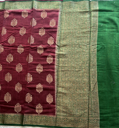 Brown Banarasi Raw Silk Saree with Gold Zari Border — Pure Handloom | Silk Mark Certified
