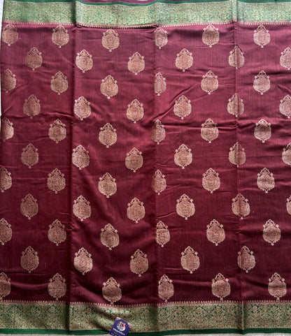 Brown Banarasi Raw Silk Saree with Gold Zari Border — Pure Handloom | Silk Mark Certified