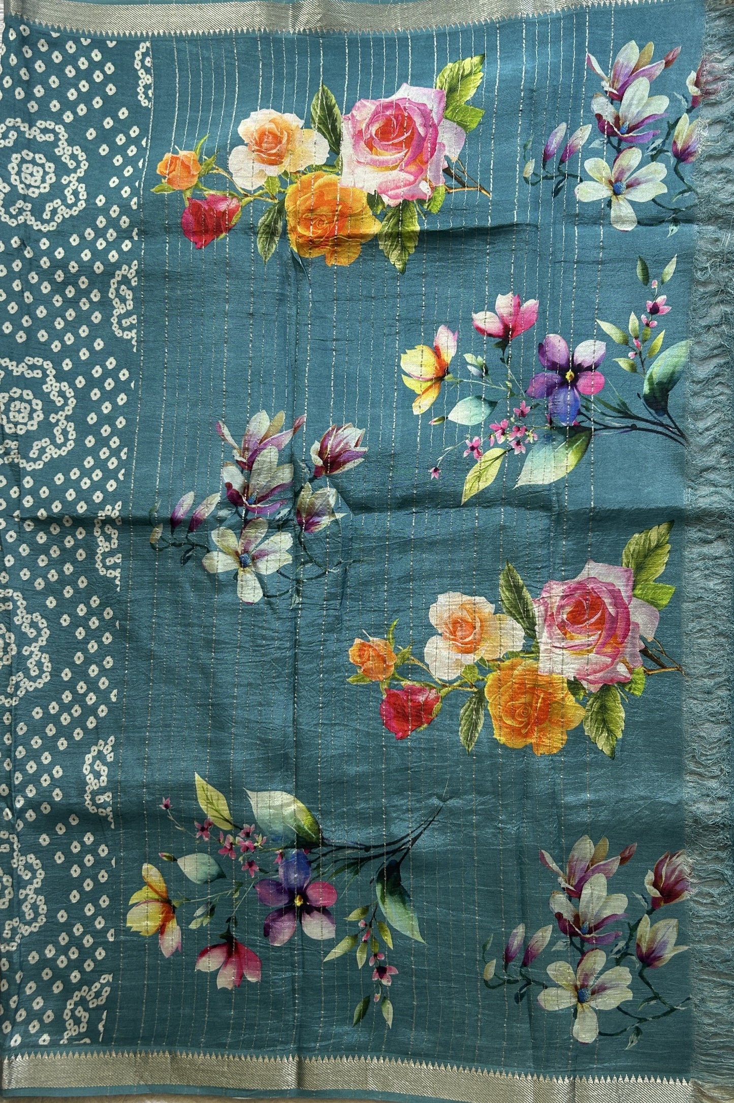 Mangalagiri Pattu Digital Print Saree Teal Blue colored complemented with a Zari Border - Sampradaya Designer Studio