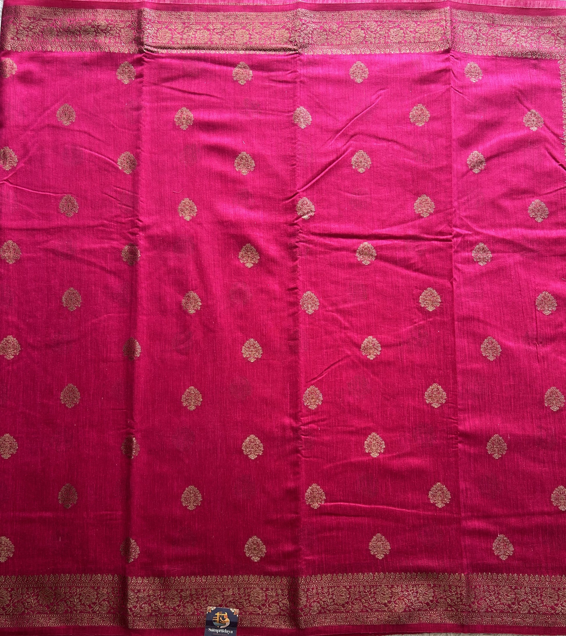 Pink Banarasi Raw Silk Saree with Gold Zari Border — Pure Handloom | Silk Mark Certified - Sampradaya Designer Studio